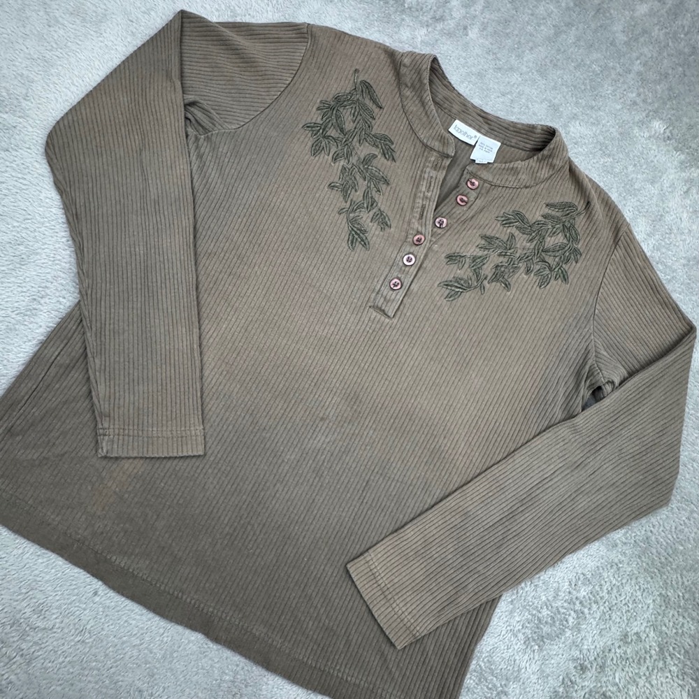 Together Henley Top Women Medium Brown Excellent Vintage Ribbed Leaf Embroidered